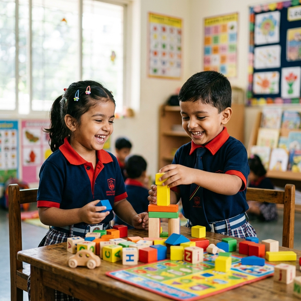 Happy preschool kids playing & learning